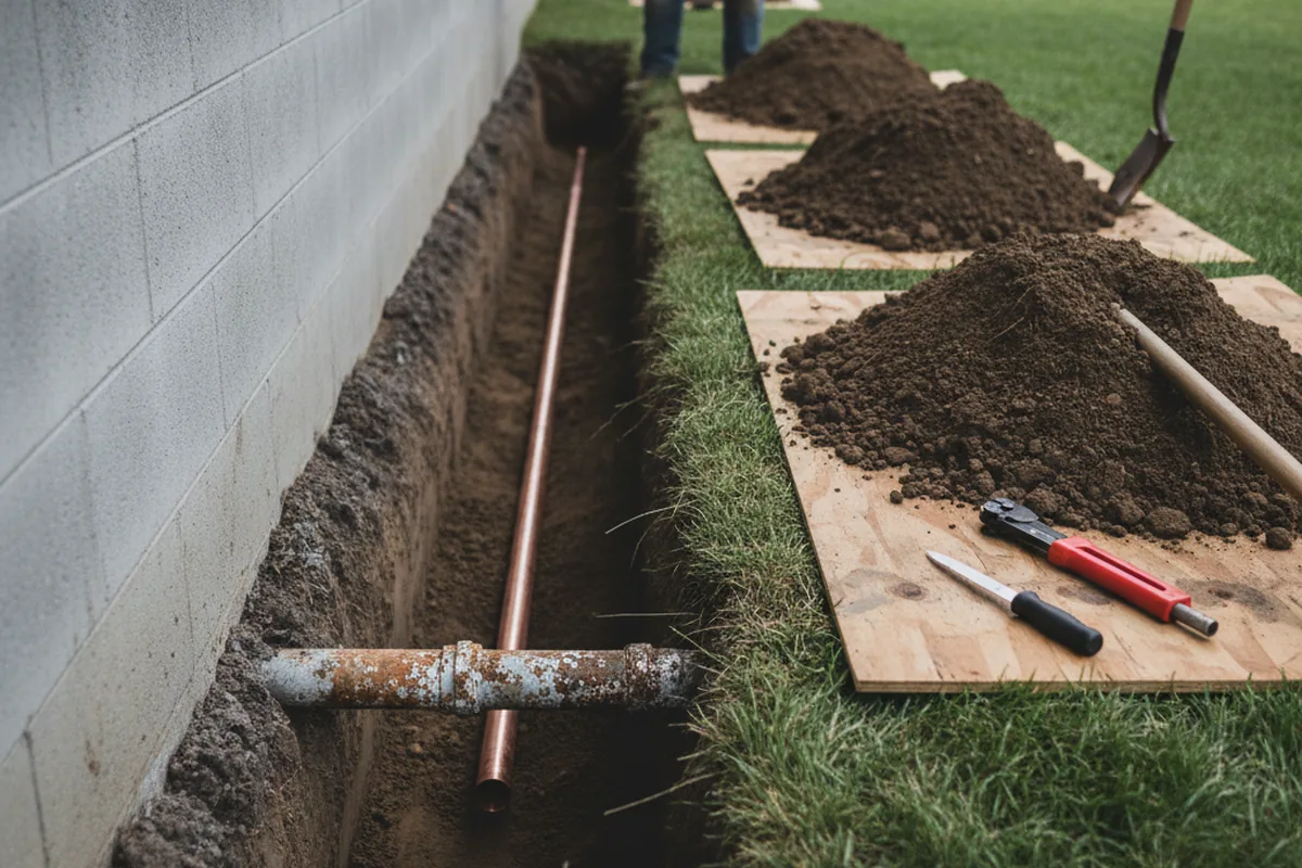 Excavated water line trench during Water Heater Repair in Wheeling